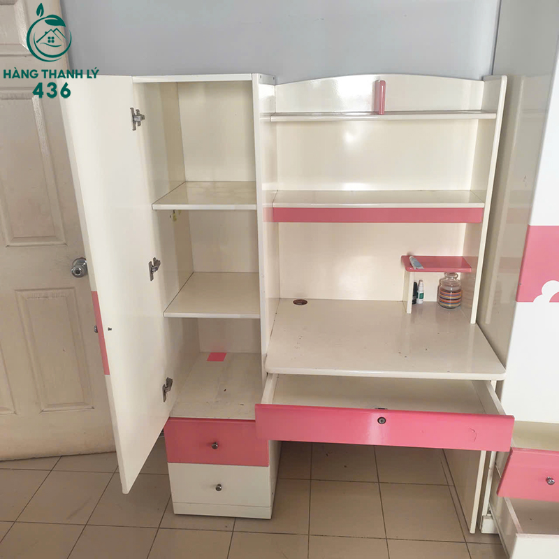 Bàn Học Sinh Cũ Liền Tủ Sách Màu Trắng Hồng 1m2 4 ban hoc sinh cu lien tu sach mau trang hong 1m2 2
