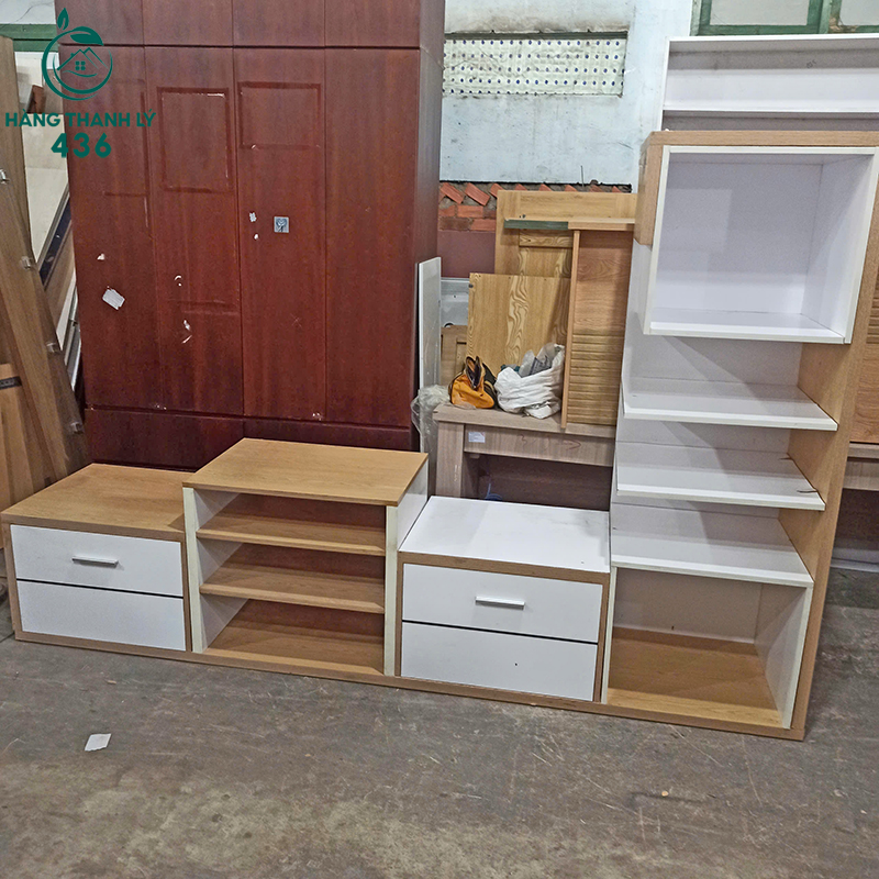 Bộ Kệ Tivi Gỗ Cũ Kết Hợp Kệ Trang Trí 2m6 3 bo ke tivi go cu ket hop ke trang tri 2m6 1
