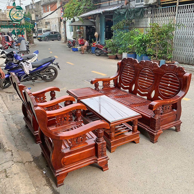 Bộ Salon Gỗ Cũ Màu Nâu Đỏ 5 bo salon go cu mau nau do 2