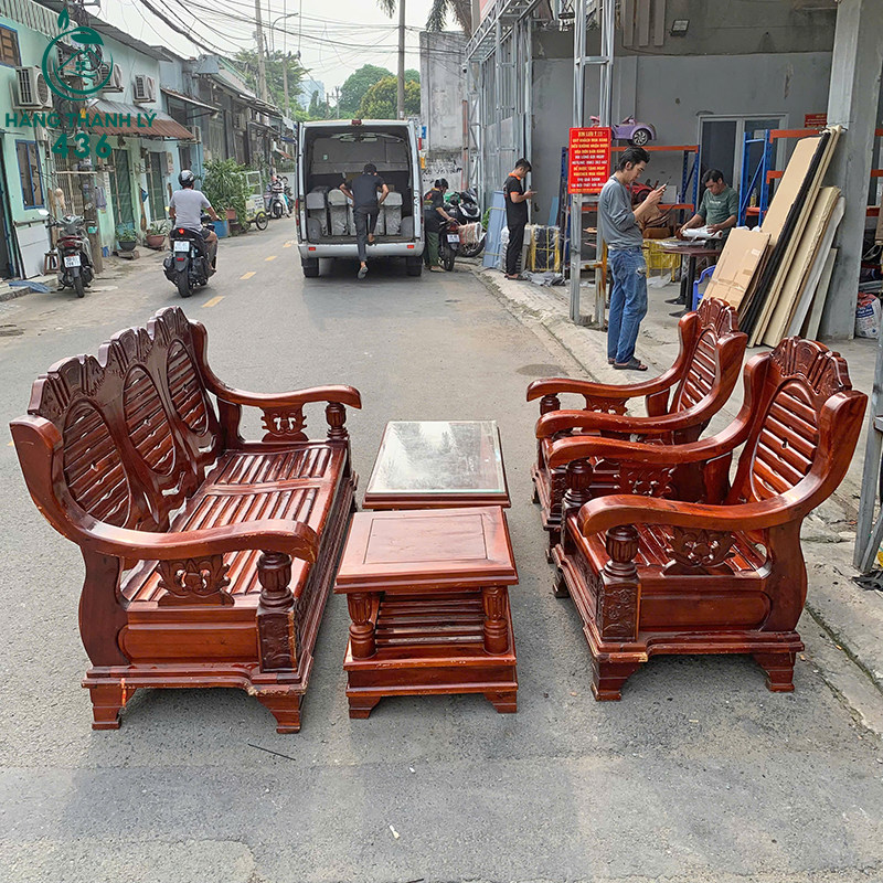Bộ Salon Gỗ Cũ Màu Nâu Đỏ 6 bo salon go cu mau nau do 3