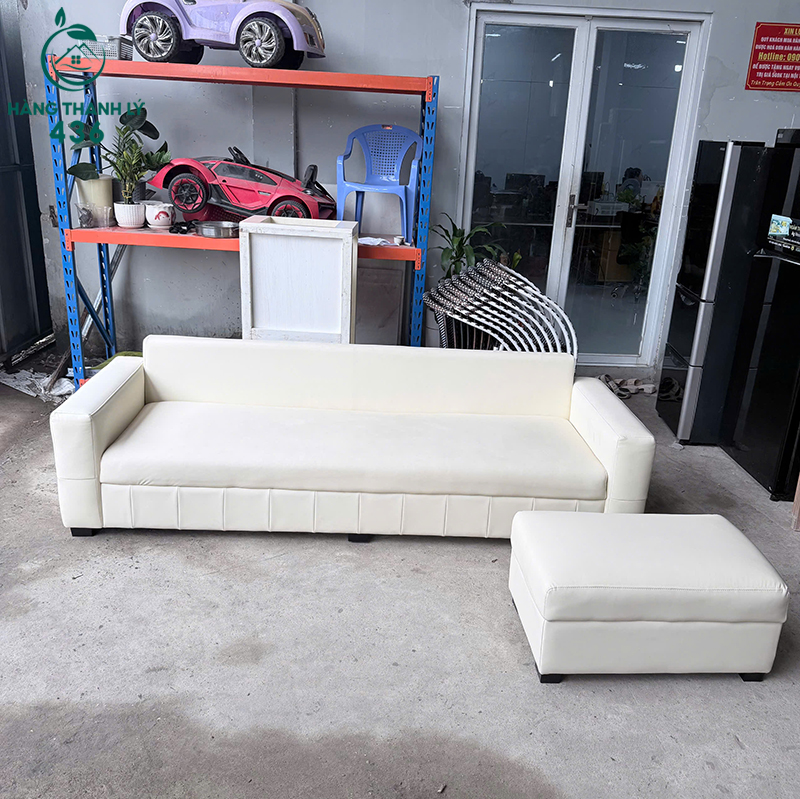 Bộ Sofa Băng Bọc Da Cũ Màu Trắng Kèm Đôn 2m4 4 bo sofa bang boc da cu mau trang kem don 1
