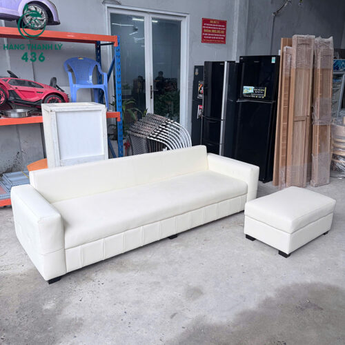Bộ Sofa Băng Bọc Da Cũ Màu Trắng Kèm Đôn 2m4 3 bo sofa bang boc da cu mau trang kem don 2