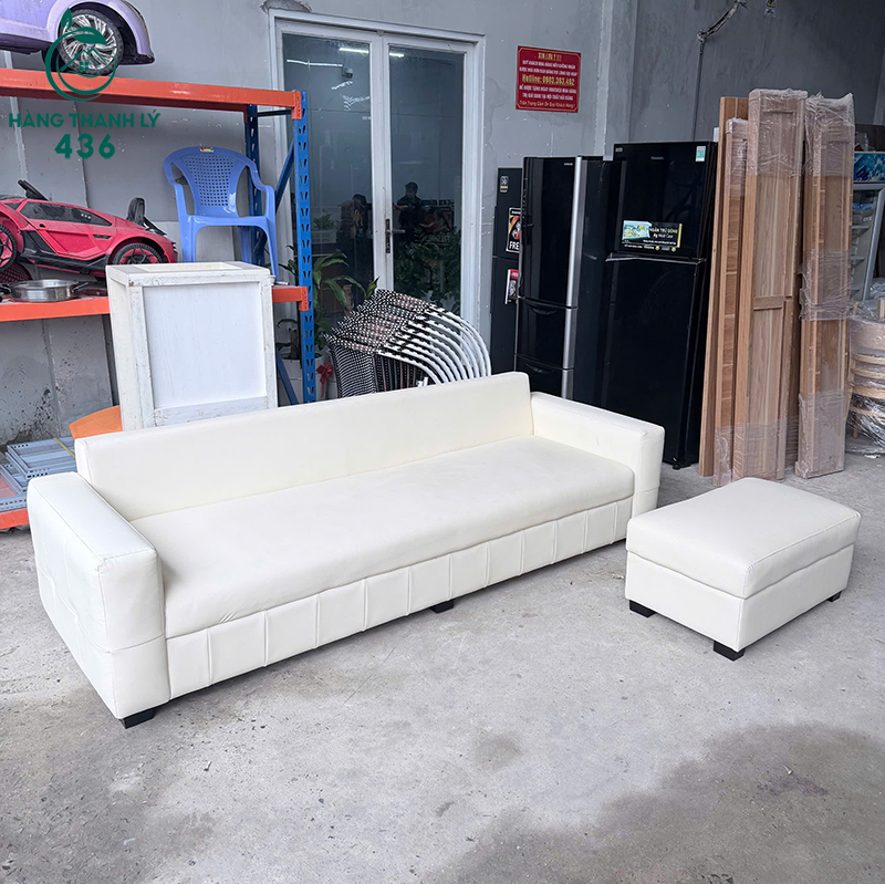 Bộ Sofa Băng Bọc Da Cũ Màu Trắng Kèm Đôn 2m4 5 bo sofa bang boc da cu mau trang kem don 2