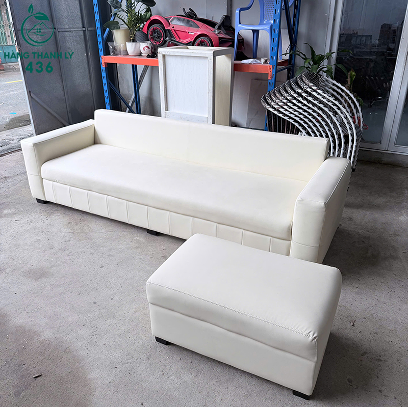 Bộ Sofa Băng Bọc Da Cũ Màu Trắng Kèm Đôn 2m4 6 bo sofa bang boc da cu mau trang kem don 3