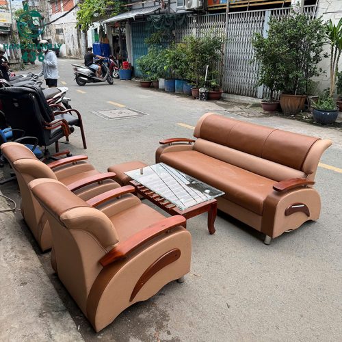 Bộ Ghế Sofa Cũ Bọc Da Nâu Kèm Bàn Kính 3 bo ghe sofa cu boc da nau kem ban kinh 3