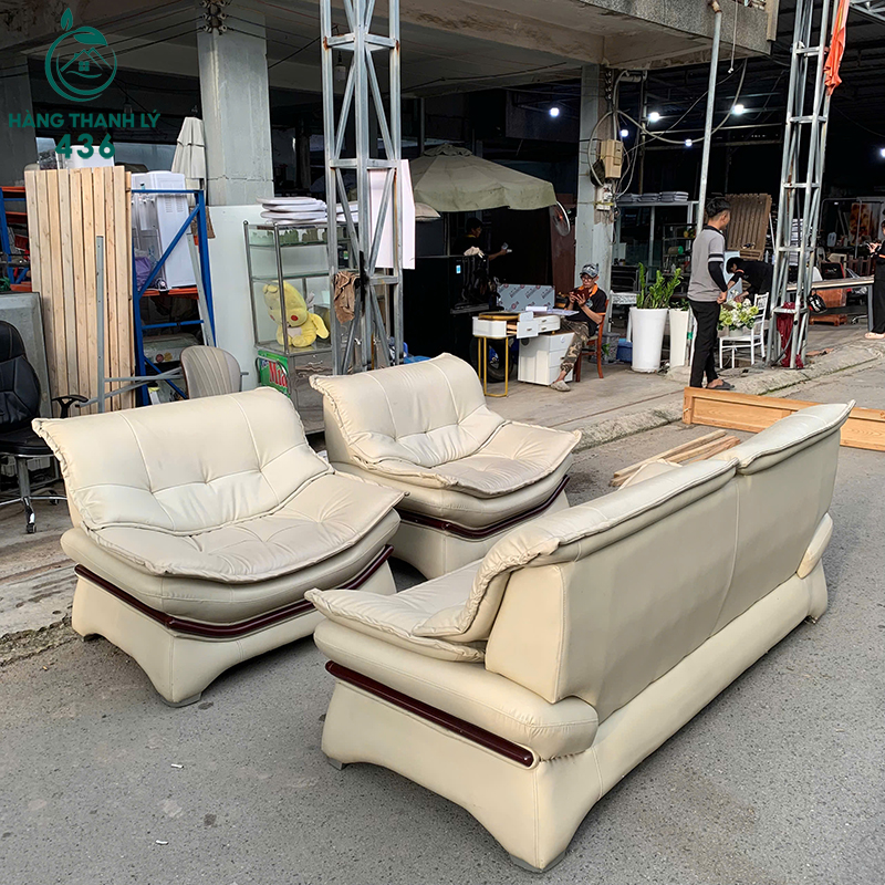 Bộ Sofa Cũ Bọc Da Màu Kem Sang Trọng 2m8 4 bo sofa cu boc da mau kem sang trong 1