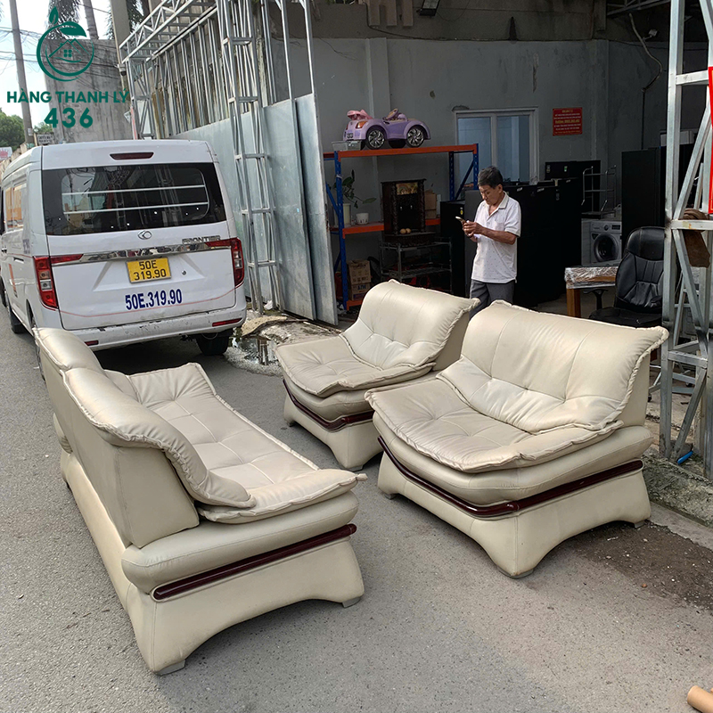 Bộ Sofa Cũ Bọc Da Màu Kem Sang Trọng 2m8 5 bo sofa cu boc da mau kem sang trong 2