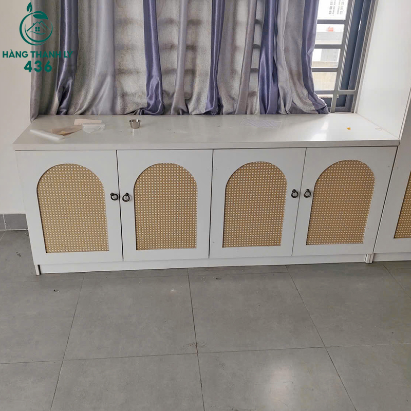 Tủ Kệ Gỗ Cũ Dài 2m Màu Trắng Phối Mây 4 tu ke go cu dai 2m mau trang phoi may 2